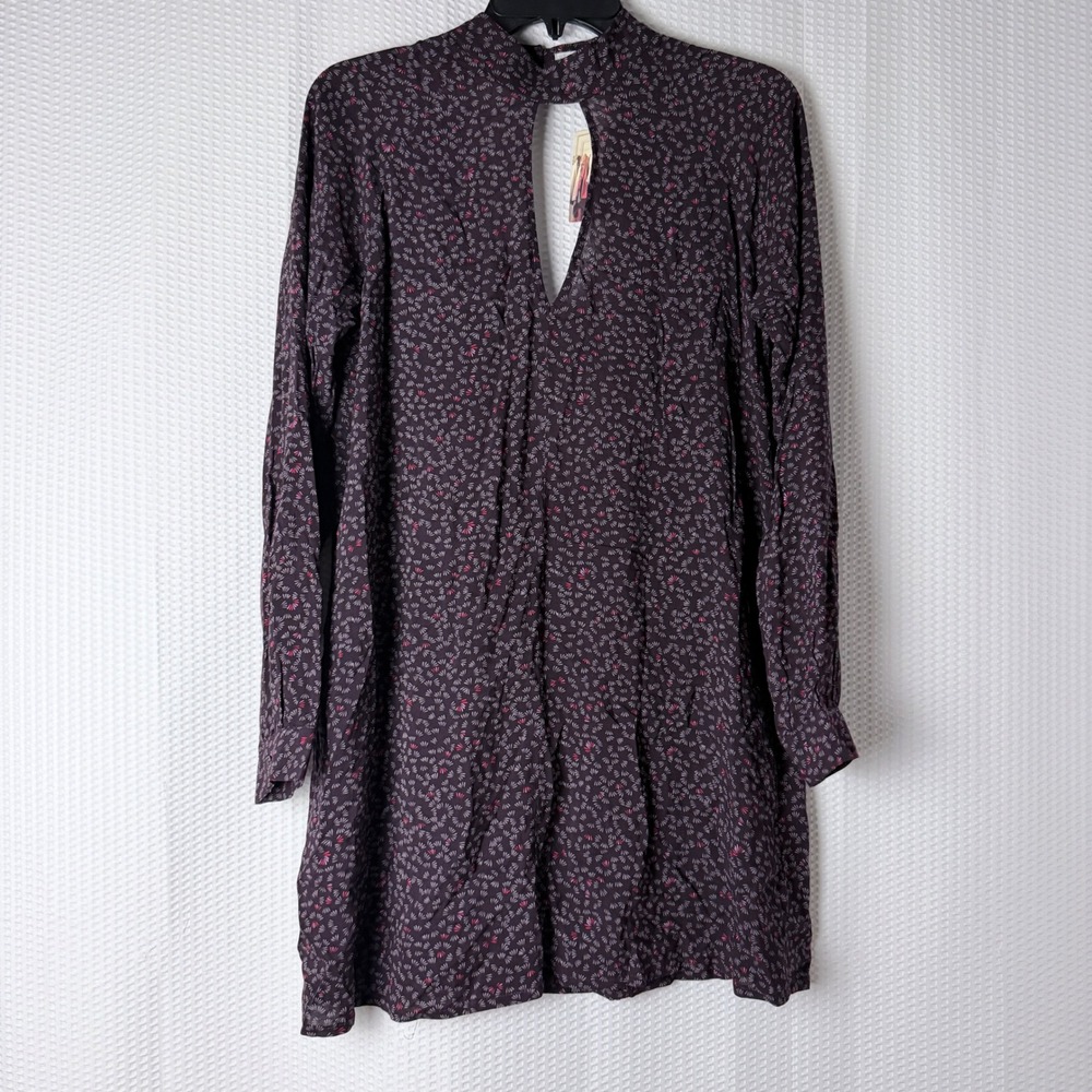Cooperative Mini Dress Womens Medium Purple Floral Keyhole Mock Neck Long Sleeve